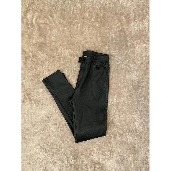Black Coated Faux Leather High Rise Skinny Pants Double Button Stretch L - Picture 9 of 12
